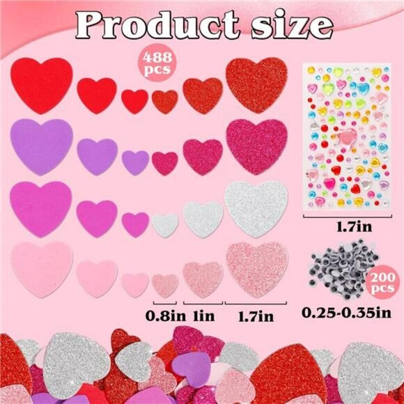 864 Pcs Valentines Stickers Foam Heart Stickers Self Adhesive Glitter Heart Shap - Picture 2 of 8